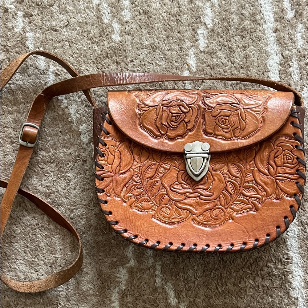 Handcrafted mustard Leather Floral Bag